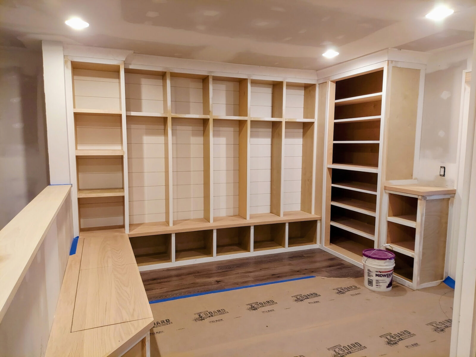 Custom mudroom lockers and built-in cabinetry during construction in Ridgefield CT